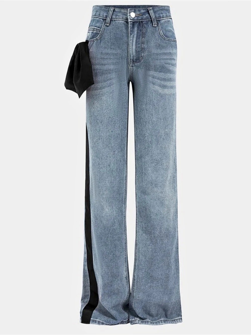 Micas Contrast Side Stripe Wide Leg Jeans with Bow Detail Blue & Black Large
